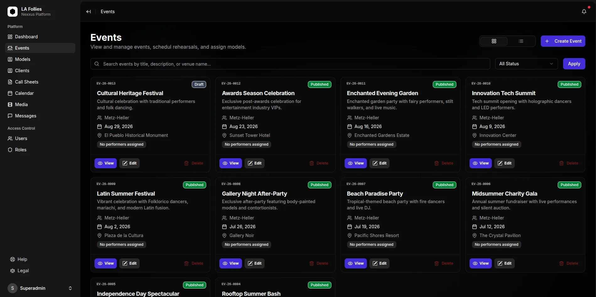 Nexxus production platform dashboard showing events, clients, talents, call sheets, and calendar modules